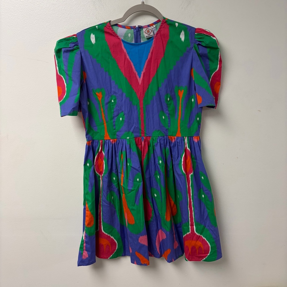 Sheridan French RARE Purple Heart Ikat Mini Dress Puff Sleeves Size Small